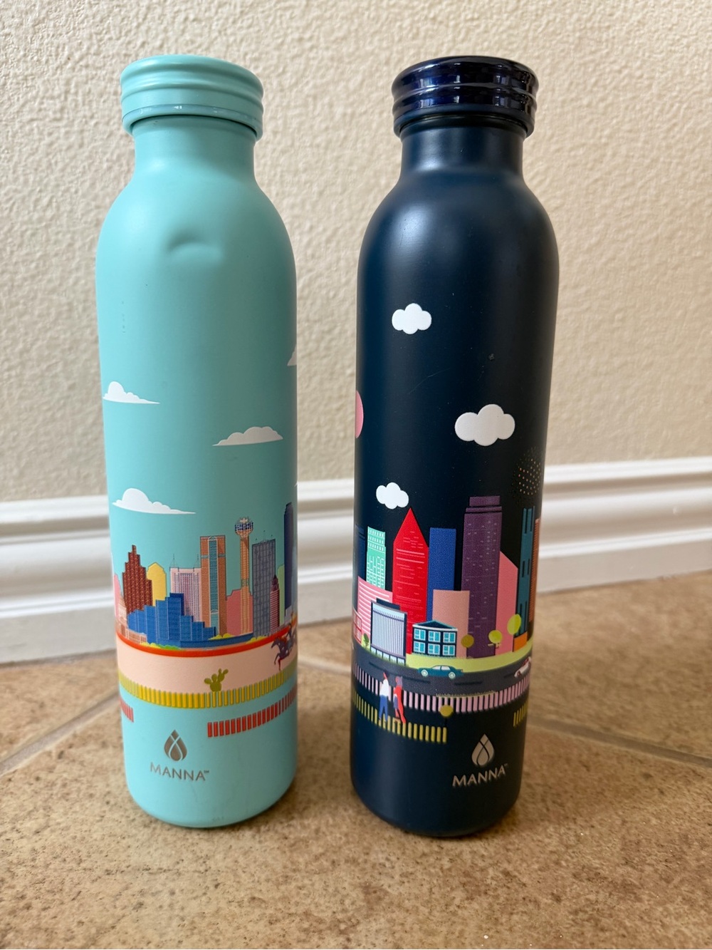 Manna Insulated Stainless Water Bottle - Mint Green & Navy Cityscape Pair